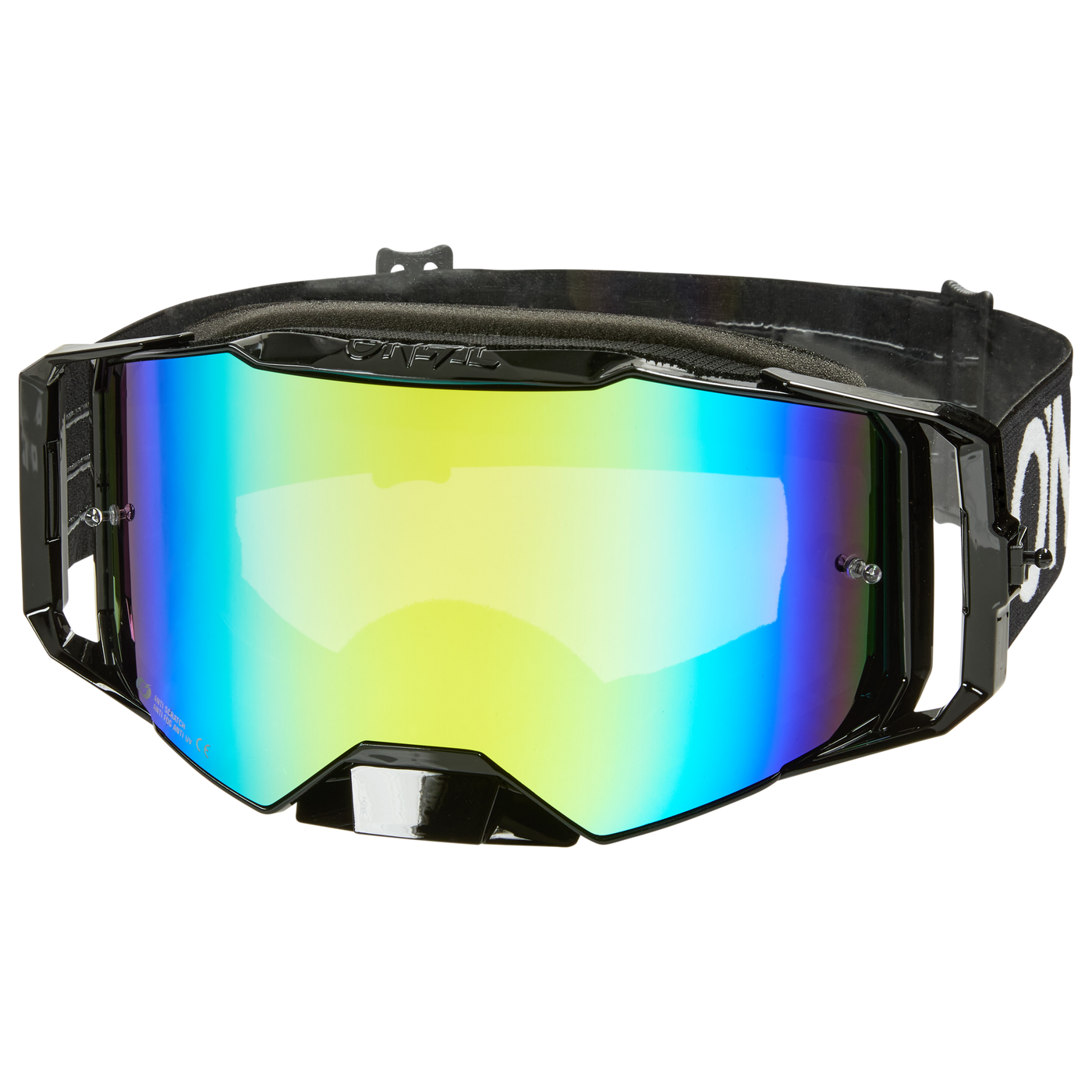 Die O'NEAL B-55 Goggle CRAM wird vor einem weißen Hintergrund präsentiert. Diese elegante Schutzbrille verfügt über eine breite, reflektierende Linse mit einem Farbverlaufseffekt von Blau nach Gelb. Der verstellbare Riemen ist schwarz mit dem O'NEAL-Branding in Weiß.