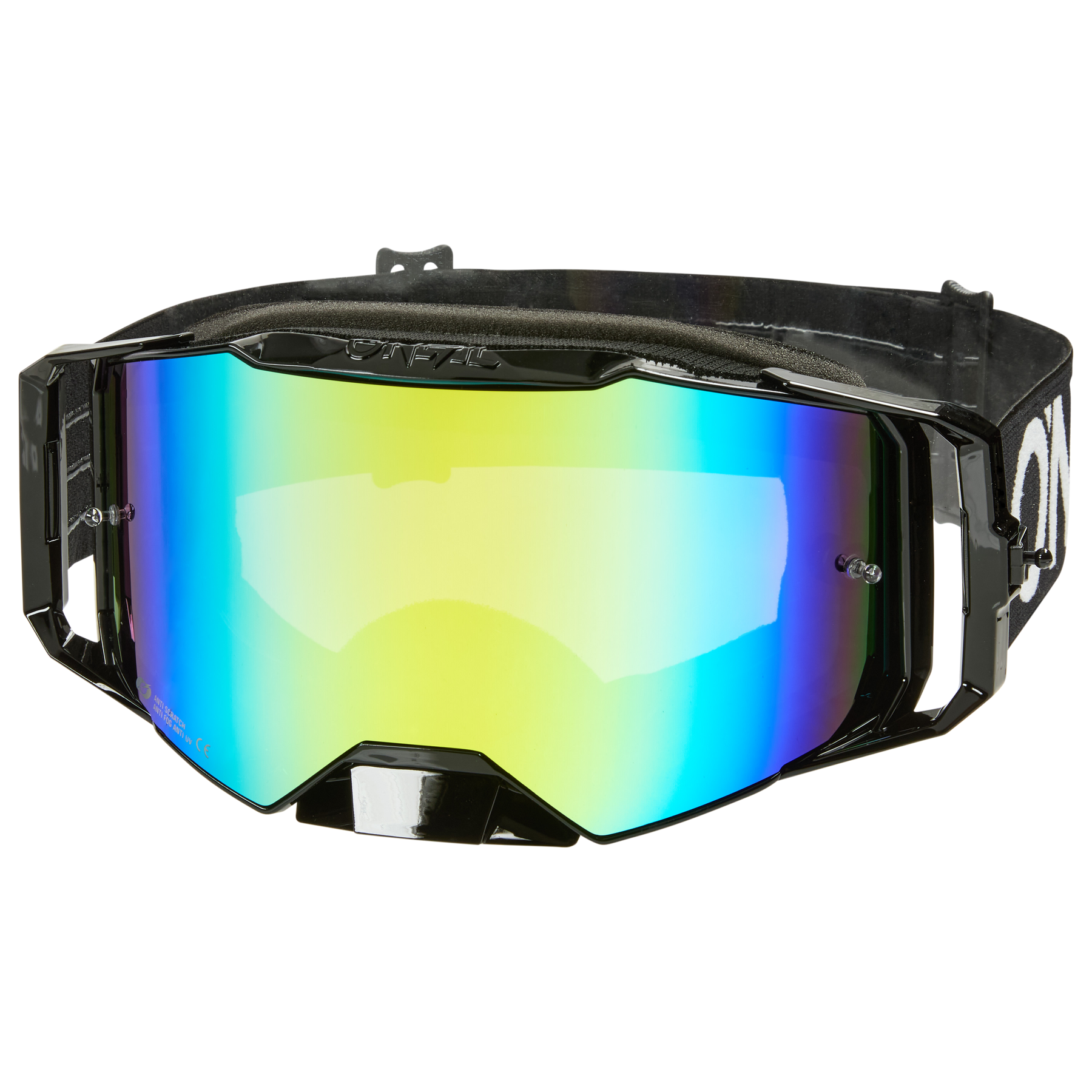 Die O'NEAL B-55 Goggle CRAM wird vor einem weißen Hintergrund präsentiert. Diese elegante Schutzbrille verfügt über eine breite, reflektierende Linse mit einem Farbverlaufseffekt von Blau nach Gelb. Der verstellbare Riemen ist schwarz mit dem O'NEAL-Branding in Weiß.