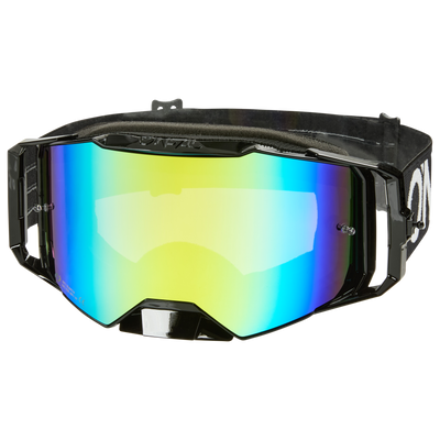 Die O'NEAL B-55 Goggle CRAM wird vor einem weißen Hintergrund präsentiert. Diese elegante Schutzbrille verfügt über eine breite, reflektierende Linse mit einem Farbverlaufseffekt von Blau nach Gelb. Der verstellbare Riemen ist schwarz mit dem O'NEAL-Branding in Weiß.