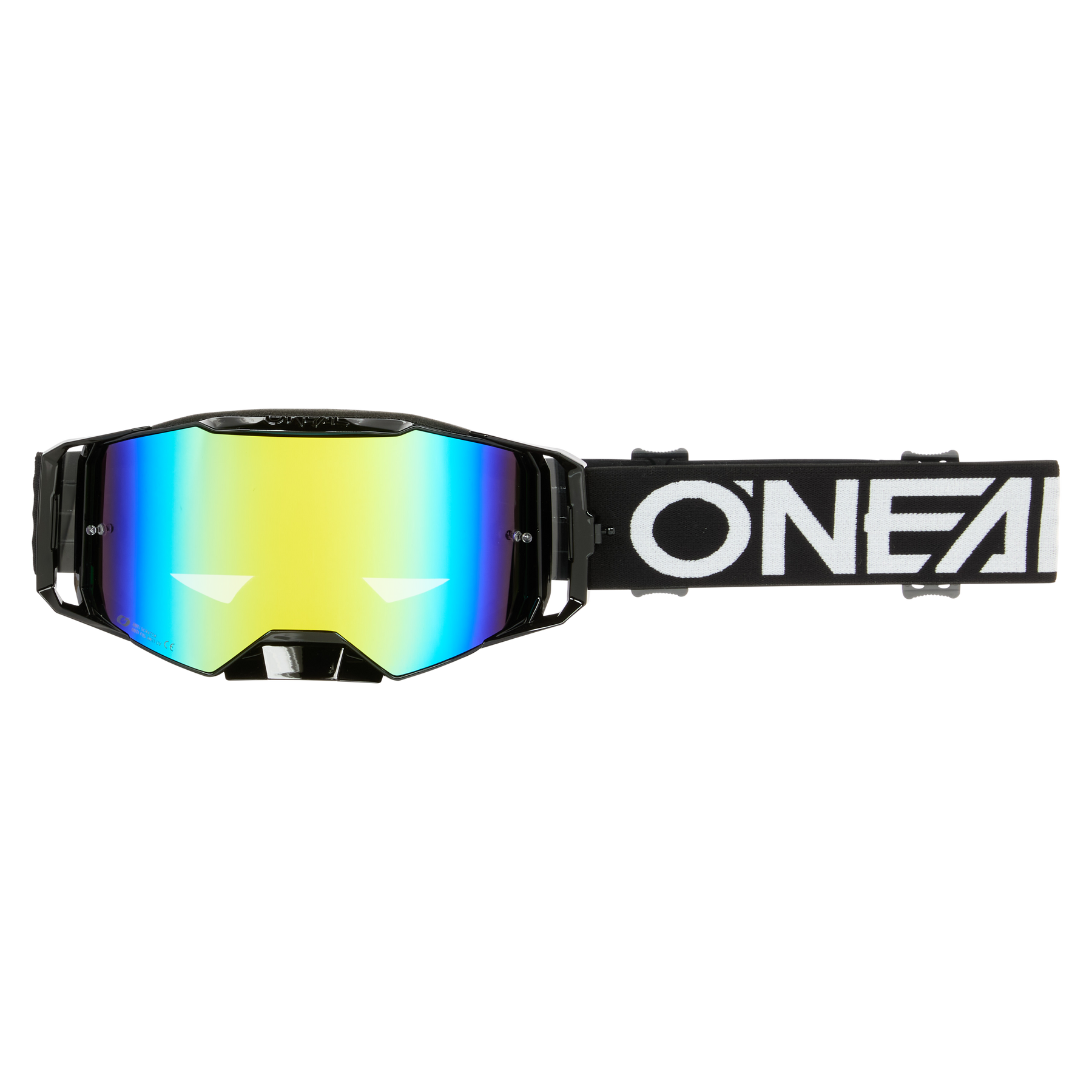 Eine farbenfrohe Skibrille, die O'NEAL B-55 Goggle CRAM, verfügt über eine reflektierende Linse in Blau-, Grün- und Gelbtönen. Auf dem schwarzen Band ist der Markenname „O'NEAL“ in fetten weißen Buchstaben deutlich zu sehen. Die Brille wird vor einem schlichten weißen Hintergrund präsentiert.