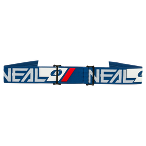 Ein moderner, verstellbarer blauer Gürtel mit weißen und roten Akzenten, der den Text „O’NEAL“ zusammen mit einem stilisierten Symbol zeigt.