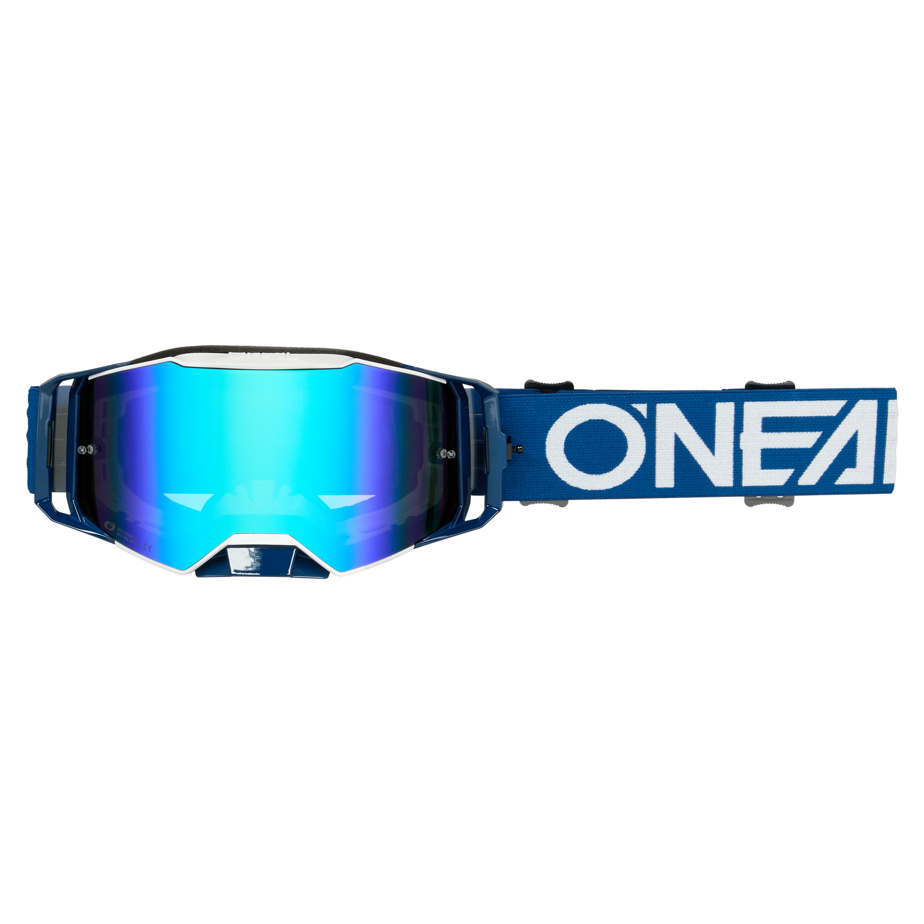 O'NEAL B-55 Goggle CRAM mit blau-weißer Motorradbrille mit reflektierender Linse und einem Riemen mit dem Markennamen „ONEAL“.