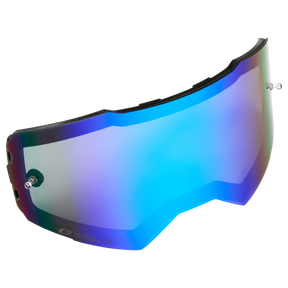 Eine radiumblaue O'NEAL B-55 Goggle-Ersatzlinse mit Abreißstiften, mit elegantem, geschwungenem Design und reflektierender, polarisierter Oberfläche. Die Linse hat einen schwarzen Rand an den Rändern, Befestigungspunkte an den Seiten und weist einen sanften Farbverlauf von tiefem Blau zu helleren Farbtönen auf.