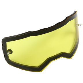 Das O'NEAL B-55 Goggle-Ersatzglas mit Abreißstiften verfügt über ein gebogenes, gelb getöntes transparentes Design mit dunklen Kanten, einer Kerbe oben in der Mitte und zwei kleinen Befestigungsschrauben auf jeder Seite.