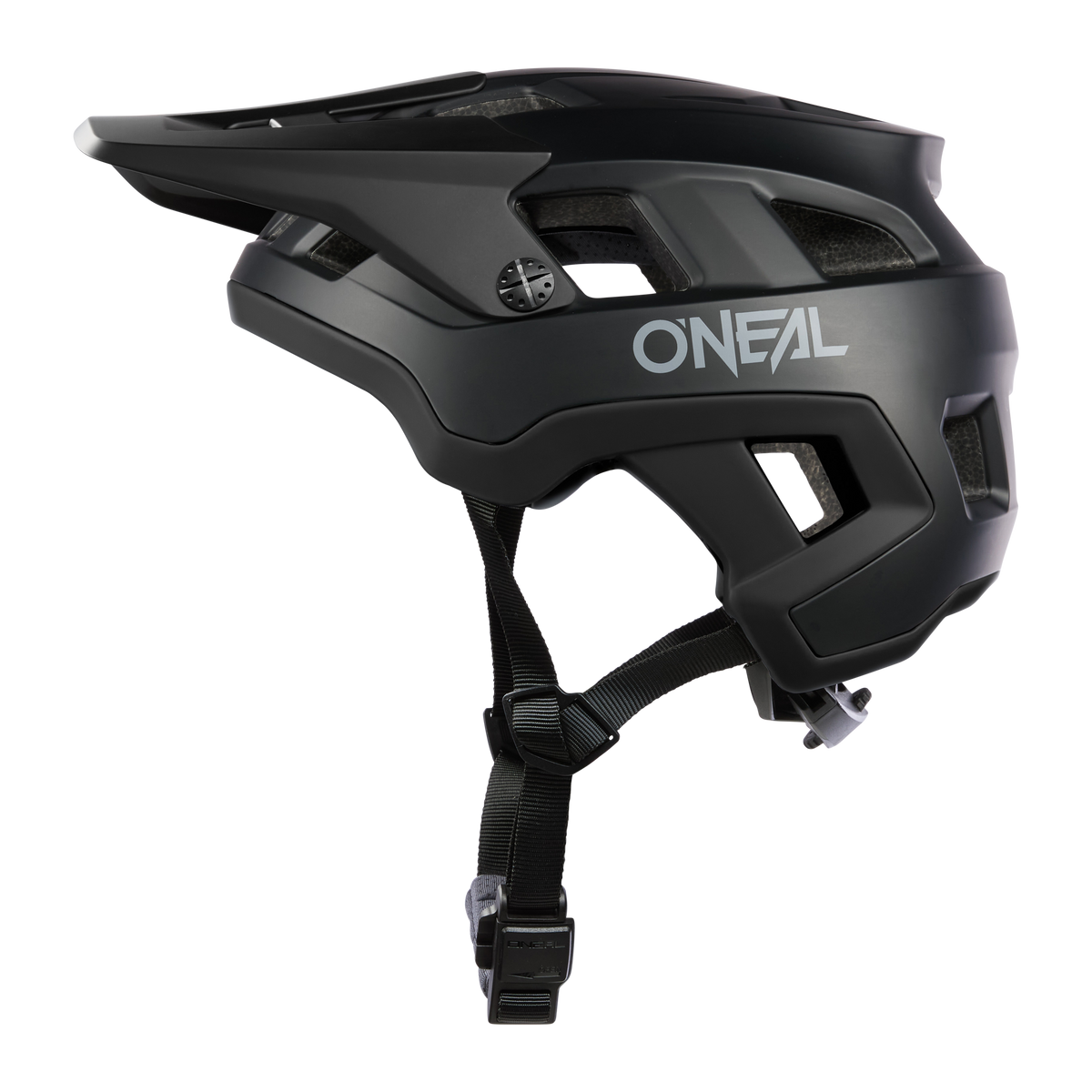 Der O'NEAL DEFENDER Helm SOLID, ein All-Mountain-Bikehelm in Schwarz, bietet dank Inmold-Technologie verbesserte Haltbarkeit. Er verfügt über einen verstellbaren Riemen, ein Visier und mehrere Belüftungsöffnungen. Die Seitenansicht zeigt den Markennamen „O'Neal“ prominent in Weiß.