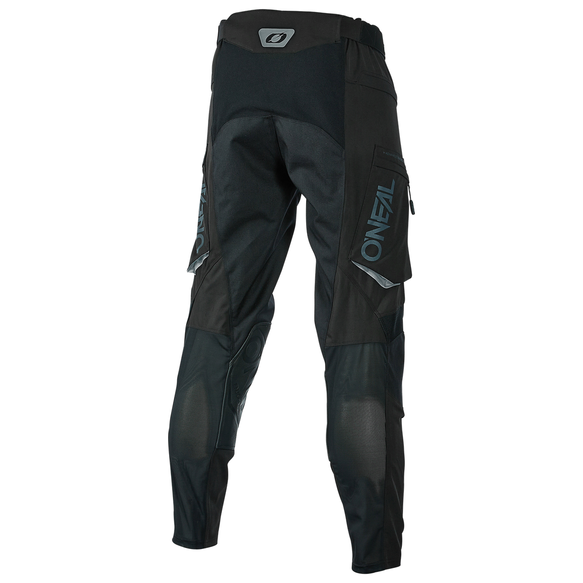 Ein Paar schwarz-graue O'NEAL EXT Enduro-Hosen von O'NEAL. Diese Hose besteht aus strapazierfähigem Stoff, hat verstärkte Kniepartien und mehrere Logos und Texte. Sie hat ein tailliertes Design mit verstellbaren Hüftgurten und Schutzelementen und ist damit ideal für Motocross oder Offroad-Biken.