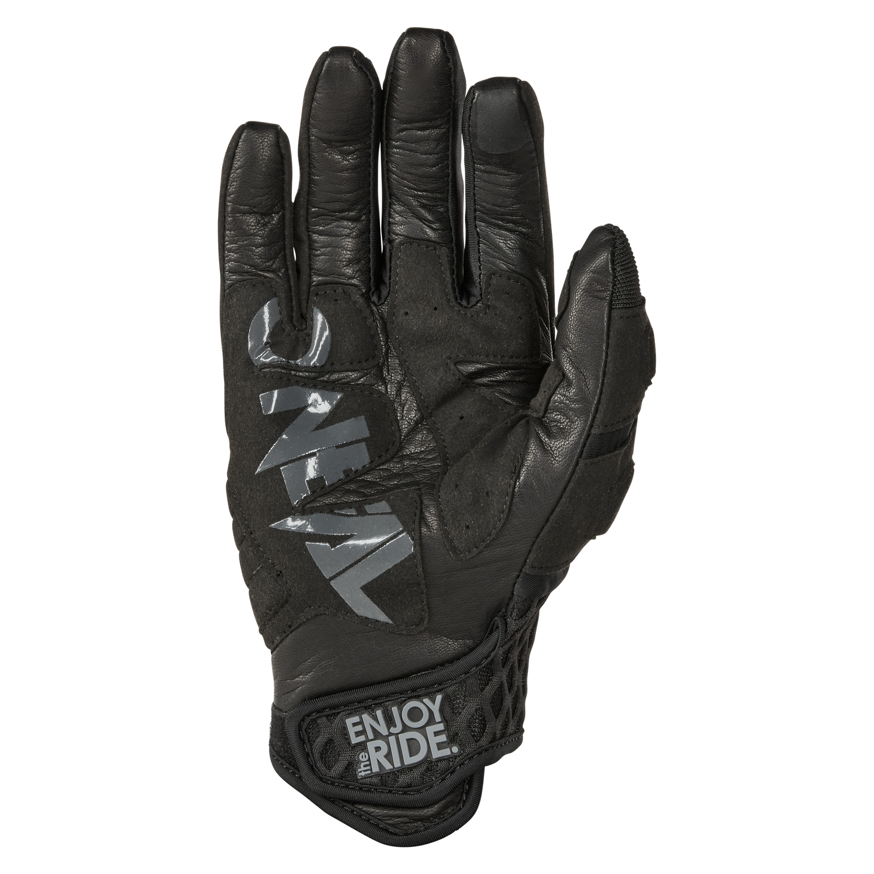 Abgebildet ist der O'NEAL SGX Glove, ein schwarzer Motorradhandschuh. Auf der Rückseite des Handschuhs befindet sich ein reflektierender Schriftzug mit der Aufschrift „ENJOY THE RIDE“. Er verfügt über eine schützende Knöchelpolsterung und eine atmungsaktive Mesh-Manschette für mehr Komfort.