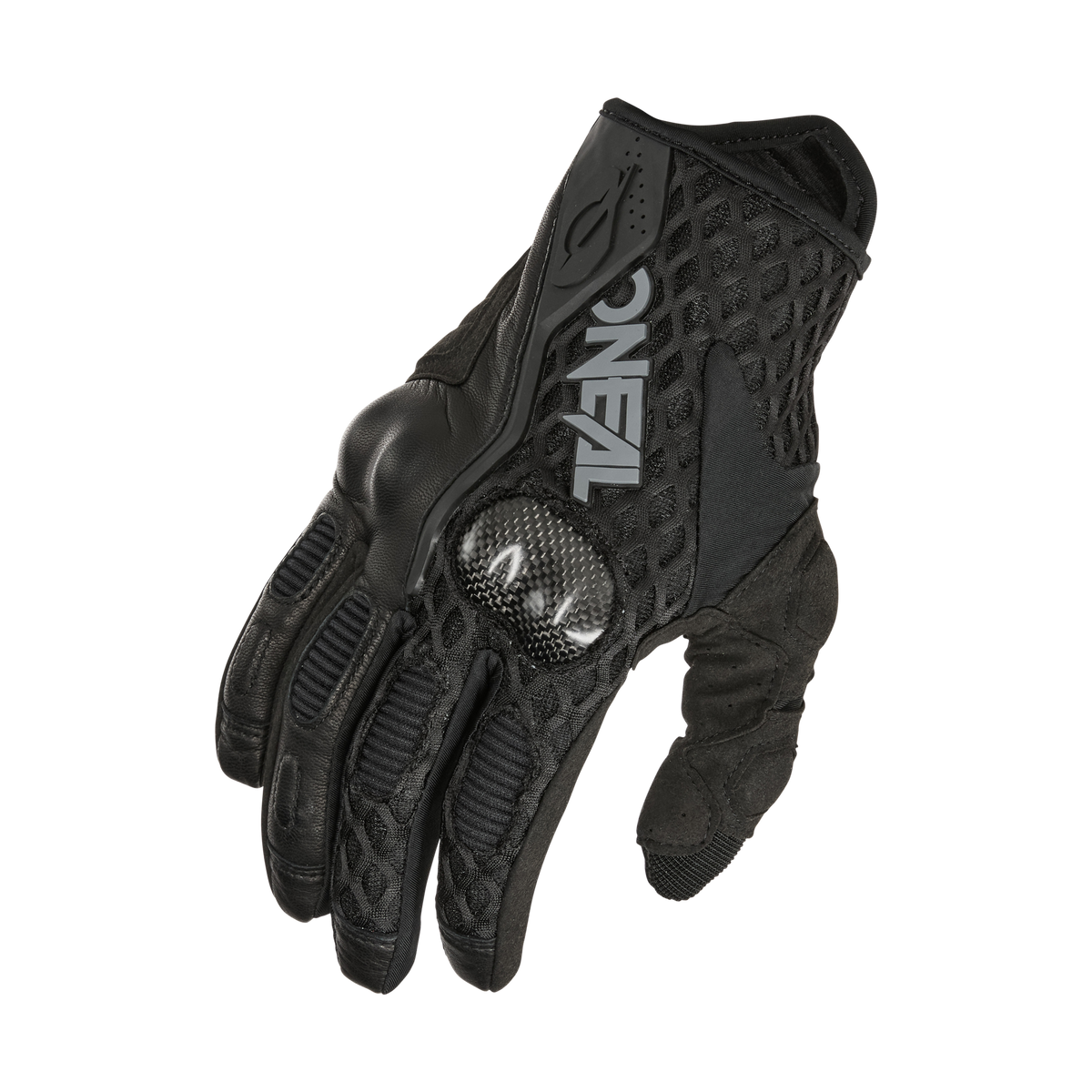 Der O'NEAL SGX Glove ist ein schwarzer Motorradhandschuh mit robustem Design, verstärktem Knöchelschutz und einem Logo mit dem Text „O'NEAL“ auf der Rückseite. Er ist auf Langlebigkeit und Sicherheit ausgelegt und verfügt über Mesh-Einsätze zur Belüftung sowie Wildlederpolster an der Handfläche.