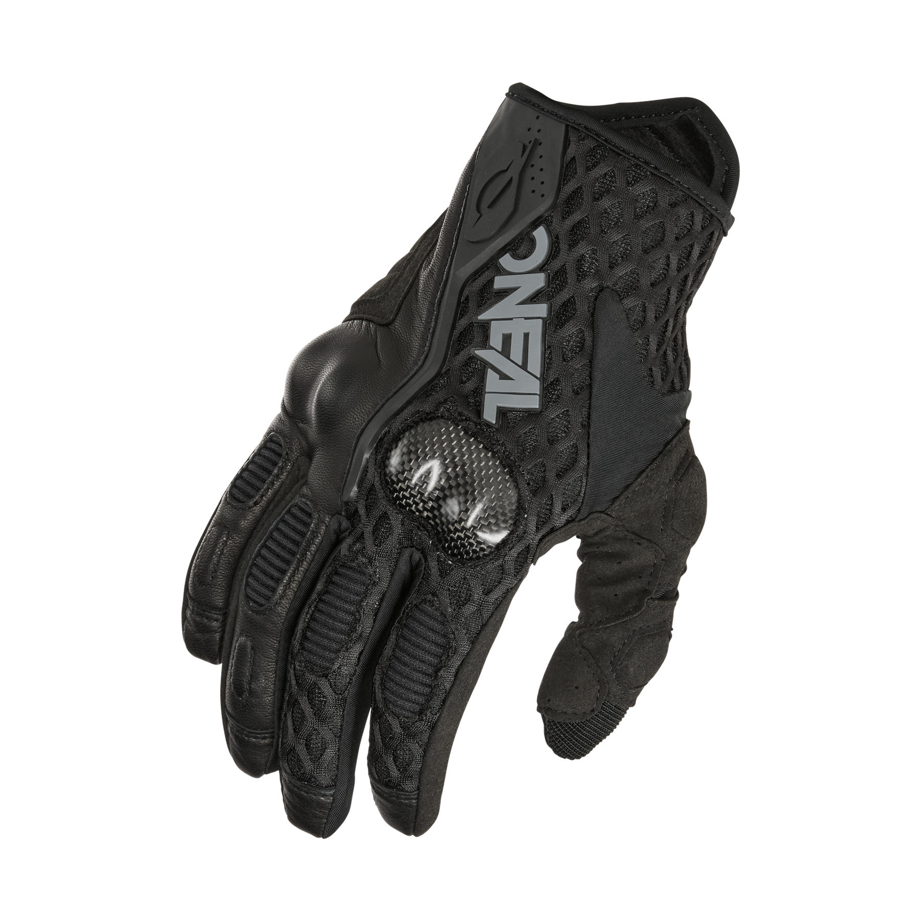 Der O'NEAL SGX Glove ist ein schwarzer Motorradhandschuh mit robustem Design, verstärktem Knöchelschutz und einem Logo mit dem Text „O'NEAL“ auf der Rückseite. Er ist auf Langlebigkeit und Sicherheit ausgelegt und verfügt über Mesh-Einsätze zur Belüftung sowie Wildlederpolster an der Handfläche.