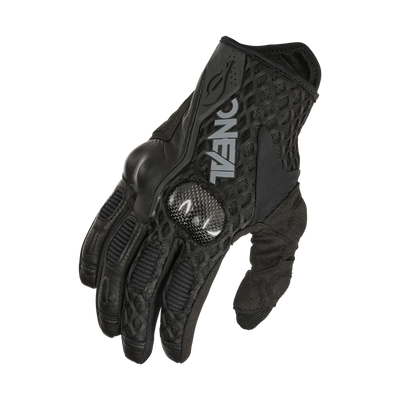 Der O'NEAL SGX Glove ist ein schwarzer Motorradhandschuh mit robustem Design, verstärktem Knöchelschutz und einem Logo mit dem Text „O'NEAL“ auf der Rückseite. Er ist auf Langlebigkeit und Sicherheit ausgelegt und verfügt über Mesh-Einsätze zur Belüftung sowie Wildlederpolster an der Handfläche.