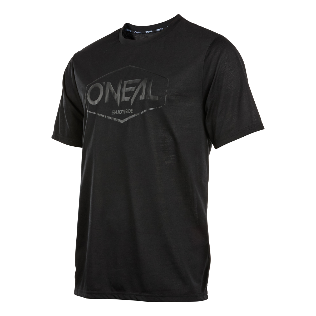 Das für das Mountainbiken konzipierte O'NEAL VAULT Jersey ist ein schwarzes T-Shirt mit dem O'NEAL-Logo in glänzender Ausführung. Es hat kurze Ärmel und einen runden Ausschnitt und kombiniert Stil mit Atmungsaktivität.