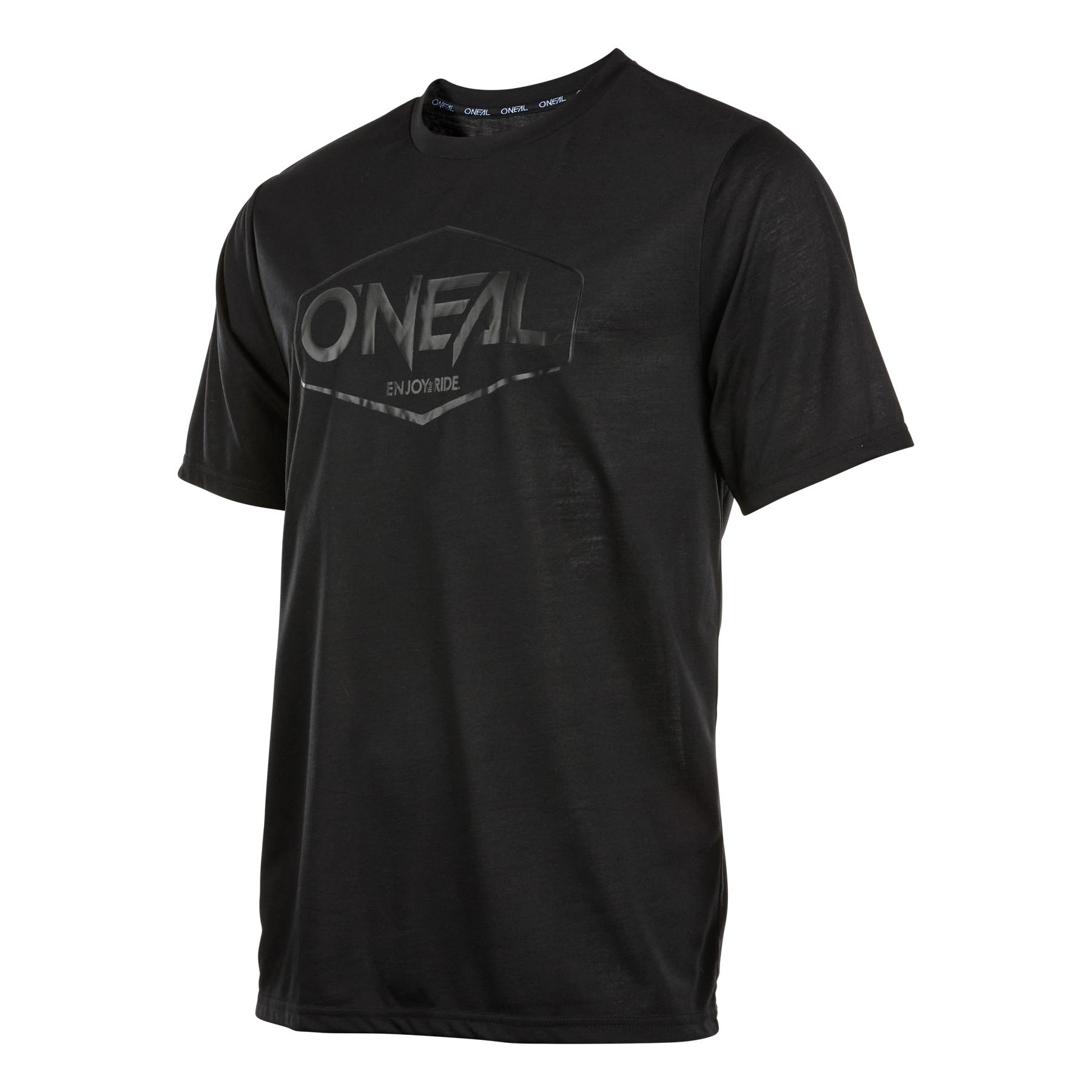 Das für das Mountainbiken konzipierte O'NEAL VAULT Jersey ist ein schwarzes T-Shirt mit dem O'NEAL-Logo in glänzender Ausführung. Es hat kurze Ärmel und einen runden Ausschnitt und kombiniert Stil mit Atmungsaktivität.