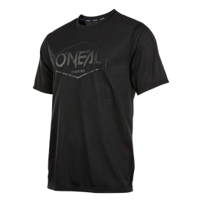 Das für das Mountainbiken konzipierte O'NEAL VAULT Jersey ist ein schwarzes T-Shirt mit dem O'NEAL-Logo in glänzender Ausführung. Es hat kurze Ärmel und einen runden Ausschnitt und kombiniert Stil mit Atmungsaktivität.