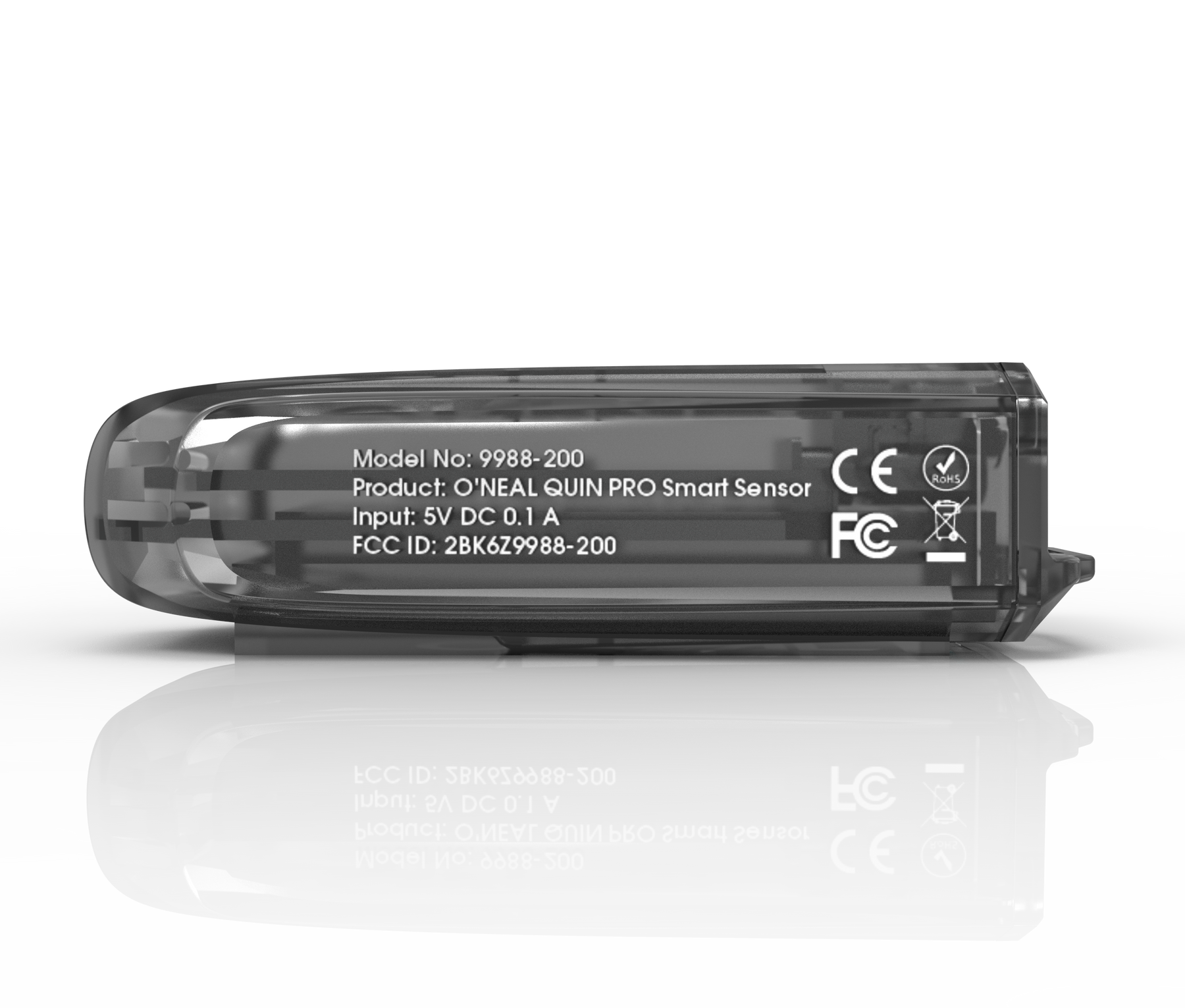 Transparentes elektronisches Gerät mit Innenteilen, gekennzeichnet als Modell 9988-200. Es handelt sich um den O'NEAL QUIN PRO Smart Sensor mit einem Eingang von 5 V DC 0,1 A und der FCC-ID 2BK62-9988-200.