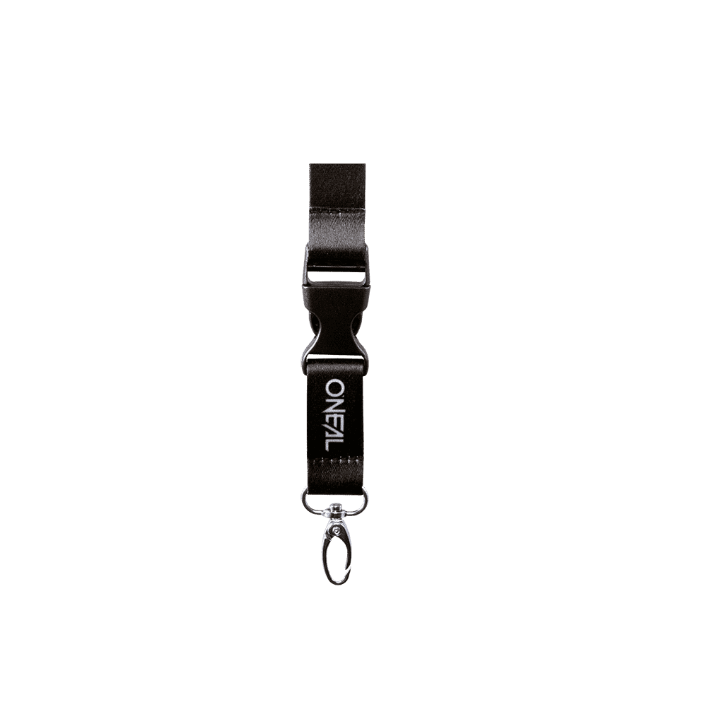 Das O'NEAL Lanyard von O'NEAL besteht aus schwarzem Stoff und ist mit dem Schriftzug „O'NEAL“ in weißen Lettern verziert. Es ist mit einer Kunststoffschnalle, einem Metallschlüsselring und einem kleinen Metallclip zum Befestigen von Schlüsseln oder Ausweisen ausgestattet.