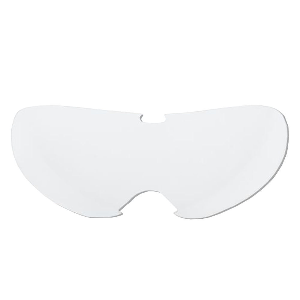 Die O'NEAL B-YOUTH Goggle - Spare Lens ist eine klare Ersatzlinse mit einer schlanken, gebogenen Form. Diese Linse hat oben eine zentrale Kerbe und passt genau in den Brillenrahmen. Ihre transparente Oberfläche ist makellos und frei von sichtbaren Kratzern oder Flecken.