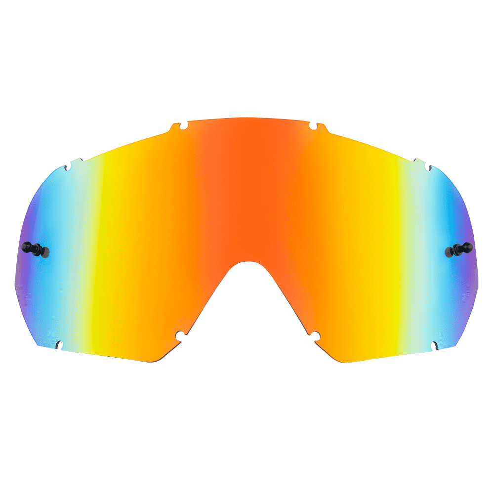 Die O'NEAL B-10 Goggle - Spare Lens ist eine leuchtende, regenbogenfarbene Ersatzlinse mit einem faszinierenden Farbverlauf aus Blau-, Lila-, Gelb- und Orangetönen. Die Linse hat sichtbare Befestigungspunkte an den Rändern und ist ideal für Aktivitäten wie Skifahren, Snowboarden oder Motocross.