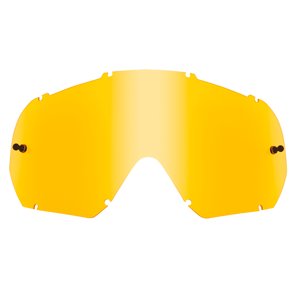 Die O'NEAL B-10 Goggle – Spare Lens von O'NEAL ist eine gelb getönte Ersatzlinse, die mit mehreren Kerben zur Befestigung und einer zentralen Aussparung an der Unterseite ausgestattet ist.