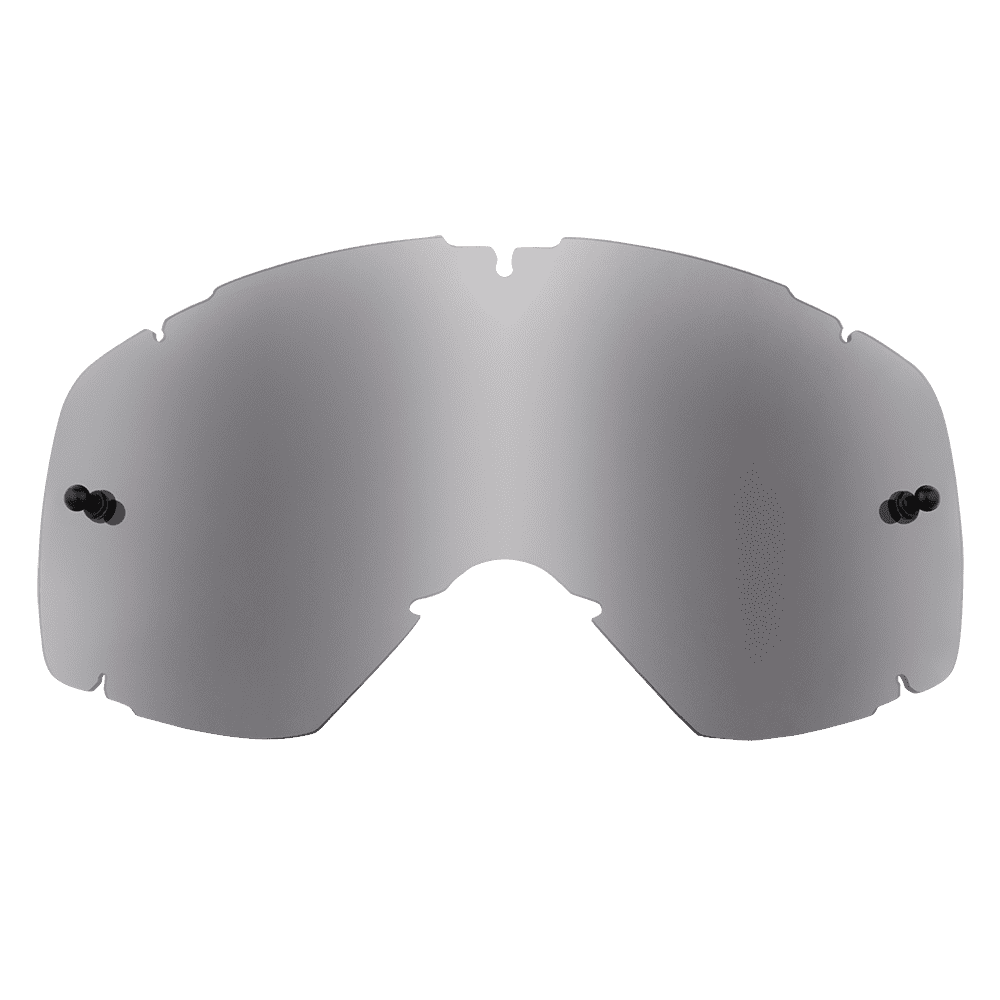 Die O'NEAL B-30 Youth Goggle - Spare Lens verfügt über ein reflektierendes, gebogenes Einlinsendesign, das sich perfekt für Sport oder Outdoor-Aktivitäten eignet. Sie ist mit kleinen schwarzen Befestigungspunkten auf beiden Seiten der Linse befestigt und sorgt so für einen festen Sitz. Das Visier verfügt über ein schlankes, aerodynamisches Design mit gekerbten Kanten für zusätzliche Sicherheit.