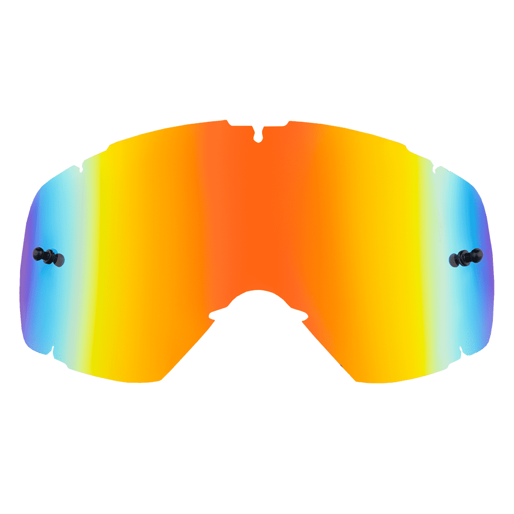 Die O'NEAL B-30 Youth Goggle - Spare Lens von O'NEAL zeichnet sich durch ein einzigartiges, reflektierendes, mehrfarbiges Design aus, das sich perfekt für Sport oder Outdoor-Aktivitäten eignet. Diese Linse zeigt einen atemberaubenden Farbverlauf, der von Blau an den Rändern zu Orange und Gelb in der Mitte übergeht, ergänzt durch schwarze Befestigungspunkte auf beiden Seiten.