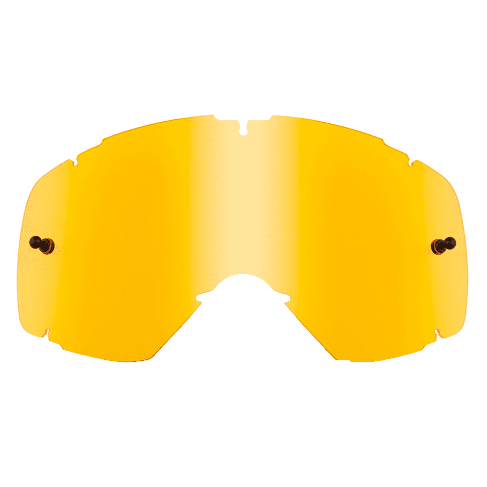 Die O'NEAL B-30 Youth Goggle - Ersatzlinse ist eine leuchtend gelbe, halbrechteckige Linse mit abgerundeten Kanten, perfekt für Sport- oder Schutzbrillen. Sie verfügt über schwarze Anschlüsse auf jeder Seite zur einfachen Befestigung an einem Rahmen und hat eine glatte, reflektierende Oberfläche.