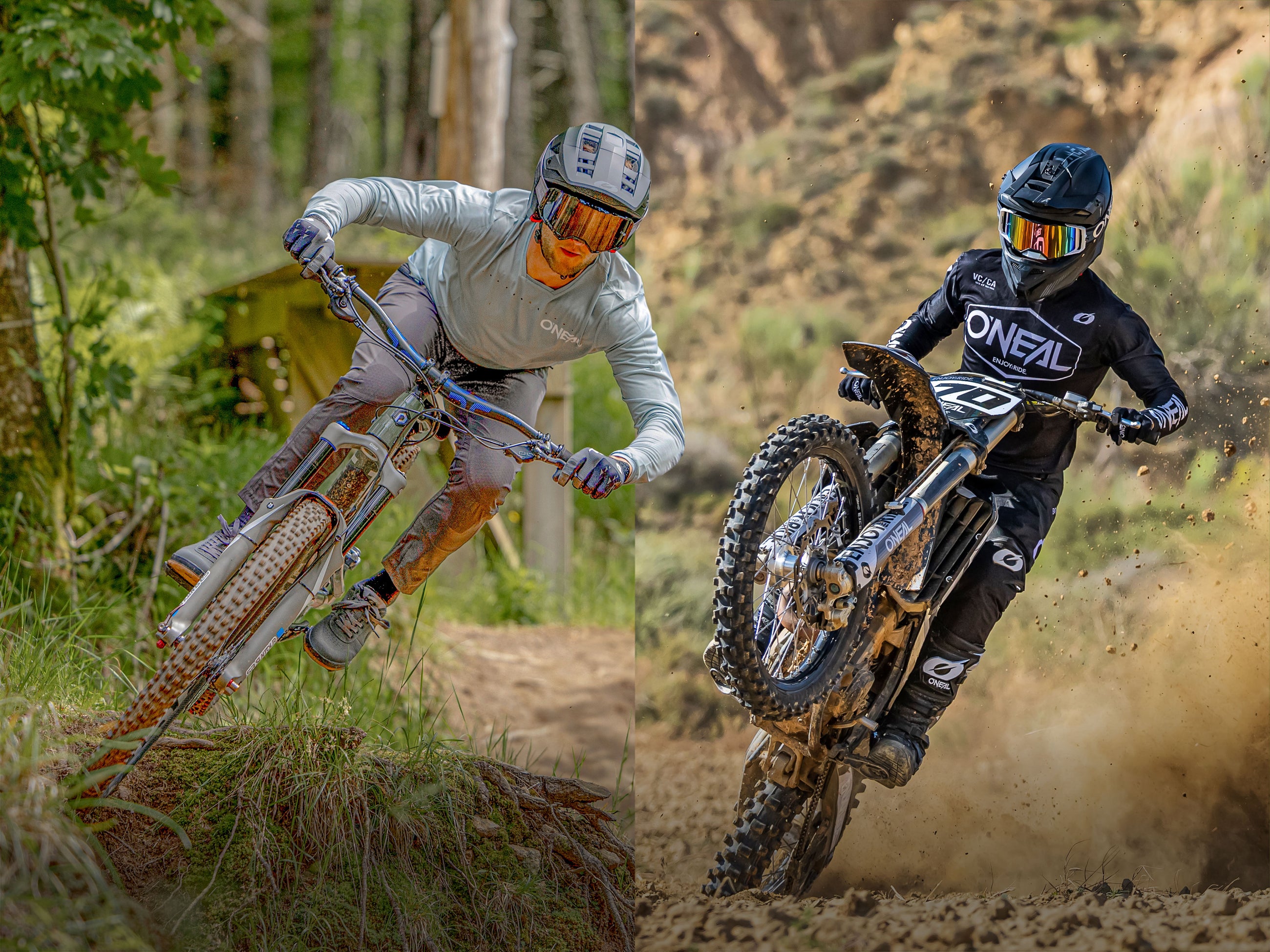 Ein Mountainbiker und ein Motocross Fahrer bei schneller Kurvenfahrt