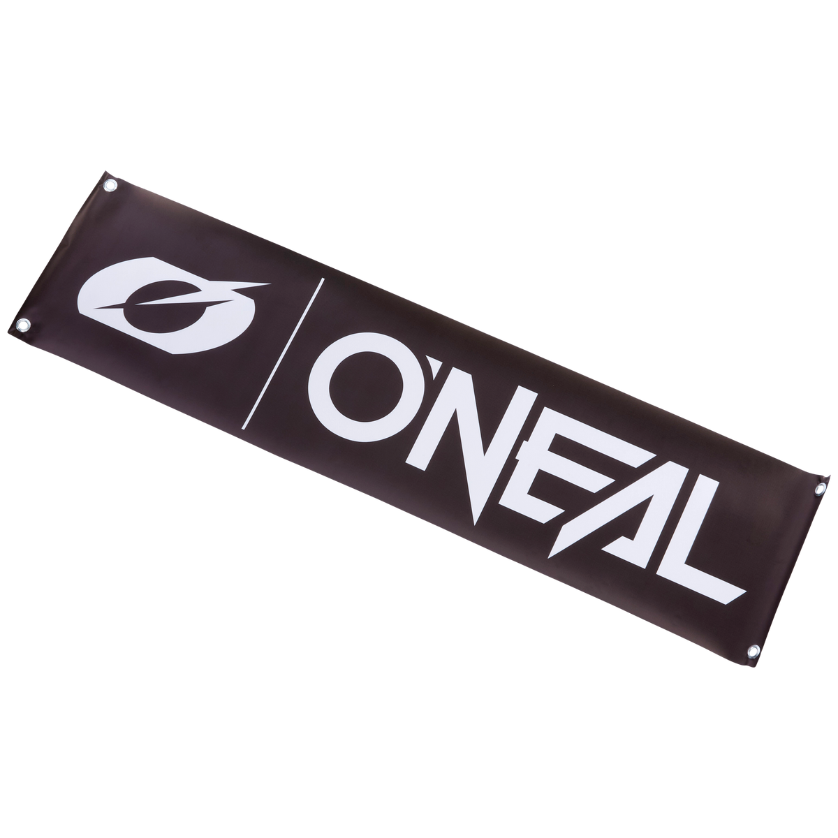 Das O'NEAL Track Banner hat einen schwarzen Hintergrund, der mit dem O'Neal-Logo verziert ist. Das Logo enthält auf der linken Seite ein stilisiertes „O“-Symbol, gefolgt vom Text „O'NEAL“ in fetten weißen Buchstaben. Jede der vier Ecken des Banners ist mit Metallösen zum einfachen Aufhängen ausgestattet.